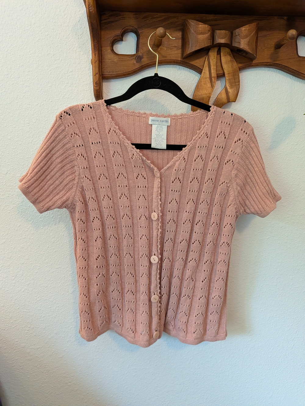 Pierre Cardin Pink Eyelet Knit Button-Down Top